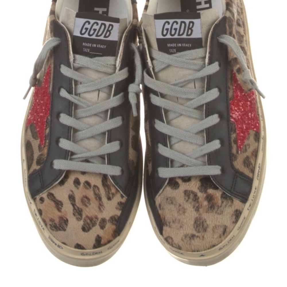Golden Goose Leopard Print Sneakers with Red Star